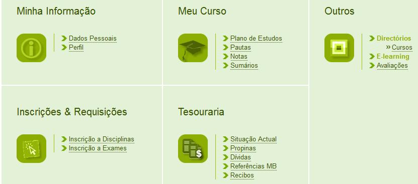 Após a autenticação no sistema, encontras os 3 Serviços principais aos quais podes aceder (figura 2): Manual Apoio às Matrículas/Inscrições Minha Informação onde constam os teus dados pessoais