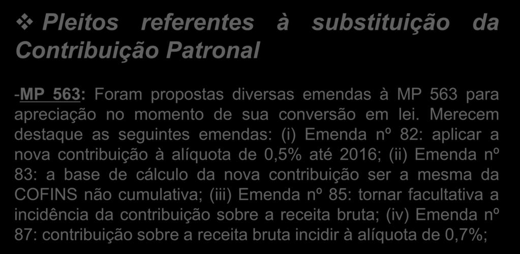 Pleitos referentes à substituição da Contribuição Patronal -MP 563: Foram propostas diversas emendas à MP 563 para apreciação no momento de sua conversão em lei.