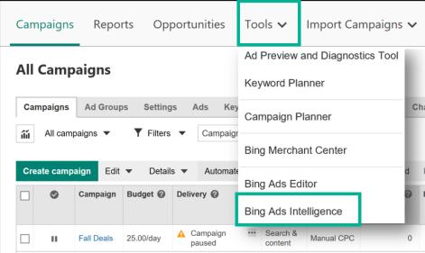 Bing Ads Intelligence O Bing Ads Intelligence é uma eficiente ferramenta de pesquisa de palavras-chave que permite aos clientes criar e expandir suas listas de palavras-chave usando a interface do