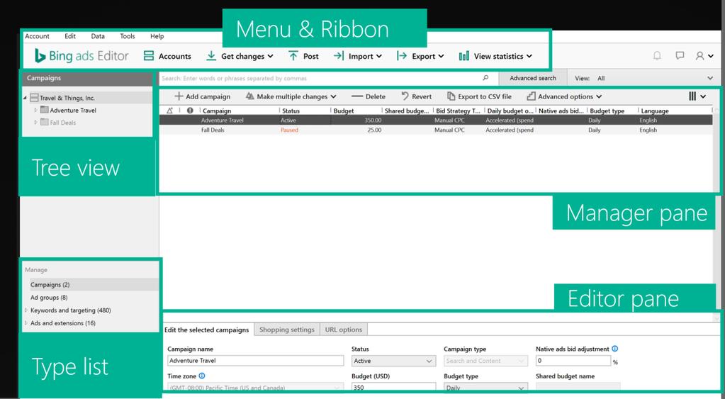 Interface do usuário do Bing Ads Editor A interface do usuário do Bing Ads Editor é dividida em cinco partes, conforme explicado a seguir.