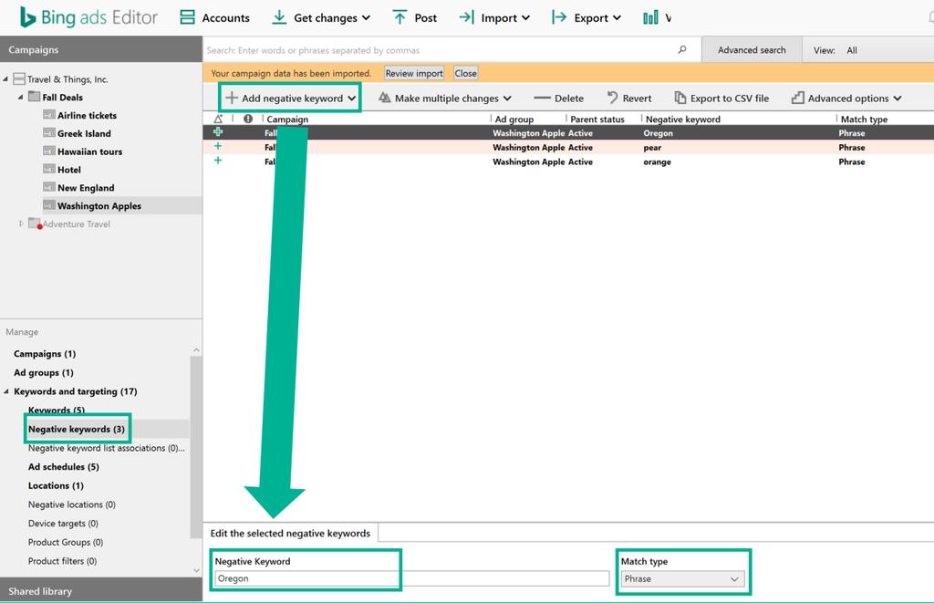 O recurso de Biblioteca Compartilhada do Bing Ads e do Bing Ads Editor colocam o gerenciamento de palavras-chave negativas em um novo patamar, permitindo a alteração de várias campanhas com uma única