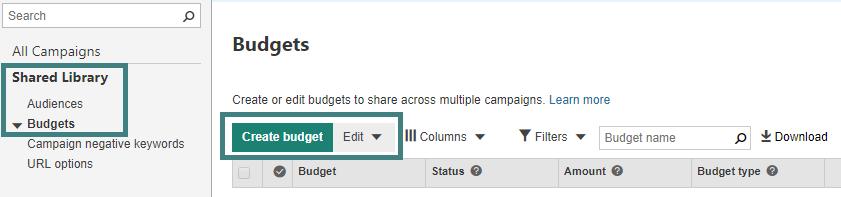 Para configurar um Orçamento Compartilhado, clique em Biblioteca Compartilhada no painel de navegação esquerdo. Clique em Exibir Orçamentos. Clique em Criar orçamento.