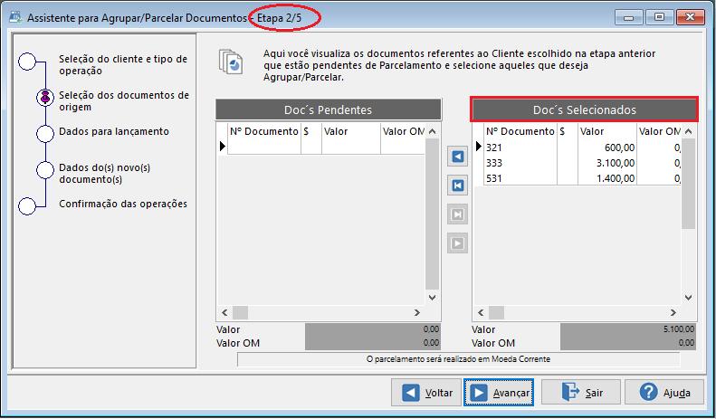 Etapa 2/5 - Seleção dos Documentos de Origem: Nesta etapa, visualize os documentos referentes ao cliente escolhido e