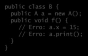 Membros privados public class A { private int x = 10; private void print() { System.out.println(x); void incr() { x++; import letras.