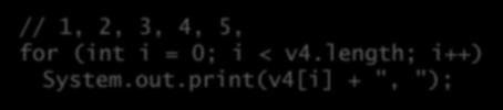 Declarando vetores Podemos inicializar os valores do vetor: int[] v3 = new int[] {1, 2, 3, 4, 5; int[] v4 = {1, 2, 3, 4, 5; // Simplificado Arrays possuem um atributo especial chamado length, que