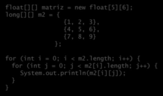 Vetores multidimensionais Podemos criar vetores de múltiplas dimensões: float[][] matriz = new float[5][6]; long[][] m2 = { {1, 2, 3, {4, 5, 6, {7, 8, 9