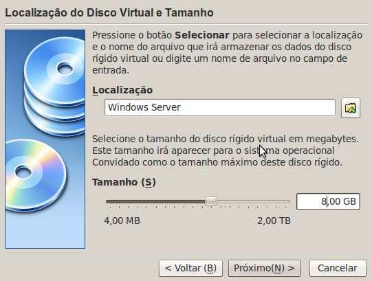 Figura 8: Definição do tamanho do disco da máquina convidada Figura 6: Assistente para configuração do novo disco rígido Na sequência, será definido a alocação de espaço no