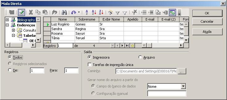 Durante a impressão, as informações do banco de dados substituem os campos correspondentes do banco de dados (espaços reservados). Arquivo: esta opção salva as cartas-modelos em arquivos.