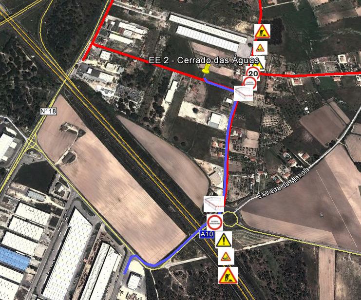 Esquema com localização da intervenção - esquema de sinalização temporária que será implementado na via de circulação que será alvo de intervenção Estrada Cerrado das Águas Vale Tripeiro - Benavente