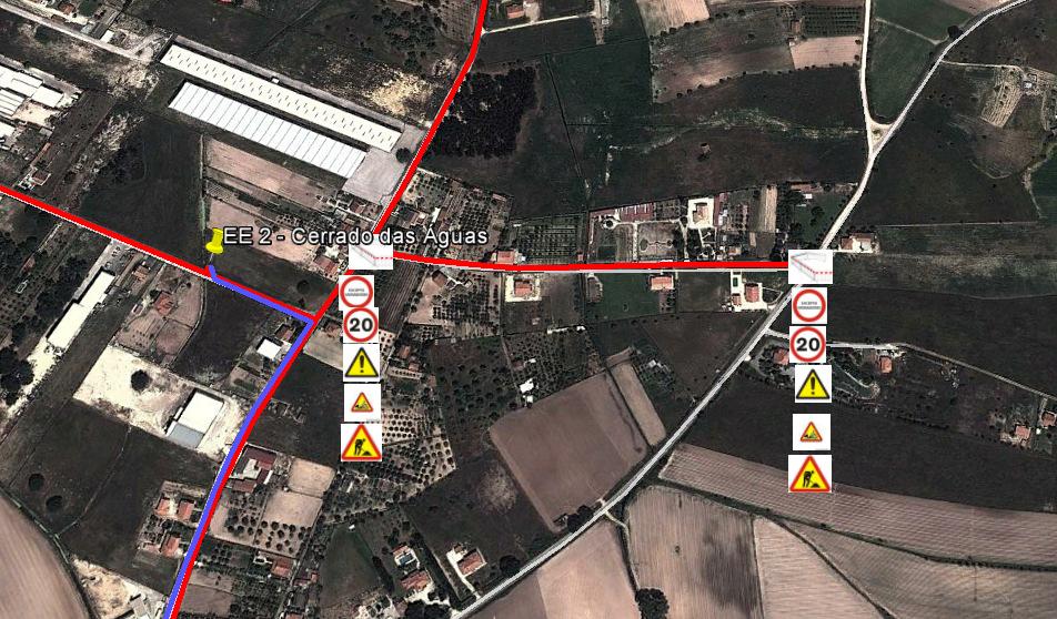 Esquema com localização da intervenção - esquema de sinalização temporária que será implementado na via de circulação que será alvo de intervenção Estrada Cerrado das Águas Vale Tripeiro - Benavente