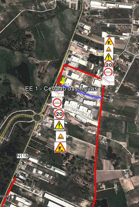 Esquema com localização da intervenção - esquema de sinalização temporária que será implementado na via de circulação que será alvo de intervenção Estrada Cerrado das Águas Vale Tripeiro - Benavente