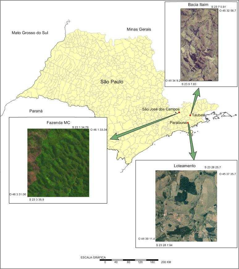 Figura 4.1- Áreas de estudo recortes dos municípios de: a) São José dos Campos, b) Taubaté e c) Paraibuna.