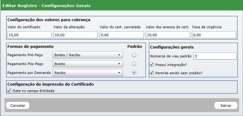 7. Configurações Este menu é responsável por todas as configurações do sistema e encontra se dividido em 5 módulos: Configurações Gerais; Múltiplas Faturas; Configurações de E mail (somente