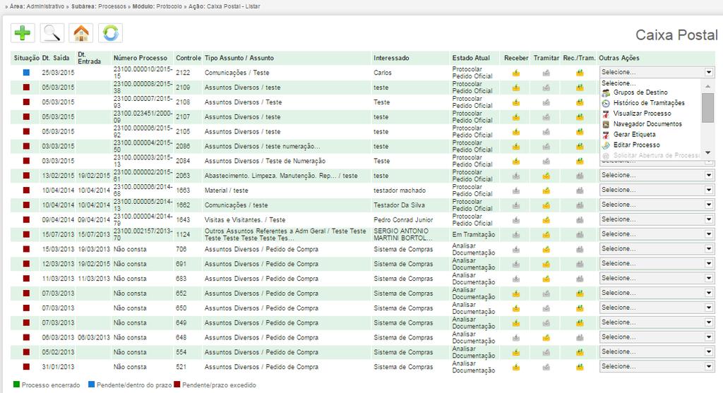 Imagem 9 - Listagem na Caixa Postal Na tela acima são exibidos os status e demais informações sobre os processos cadastrados, juntamente com algumas ações que o usuário pode realizar.