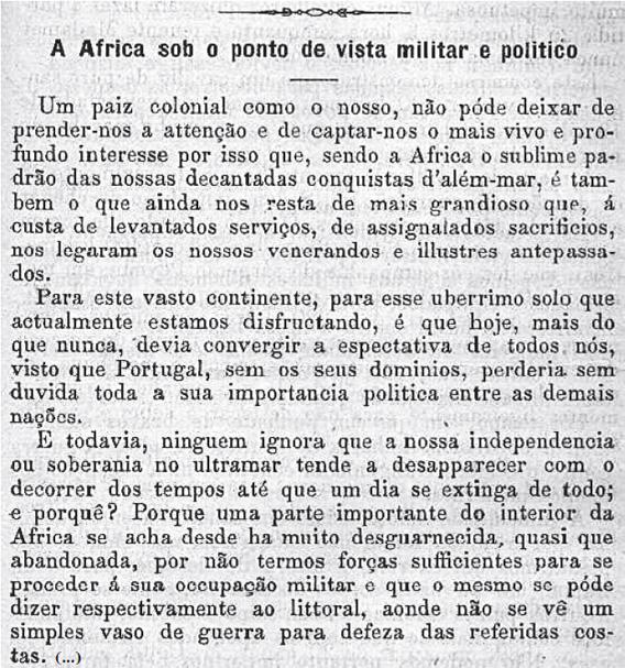 - A África sob o ponto de vista Militar e Político. (31 de Julho) Artigo do Capitão de Infantaria, P. Coelho.