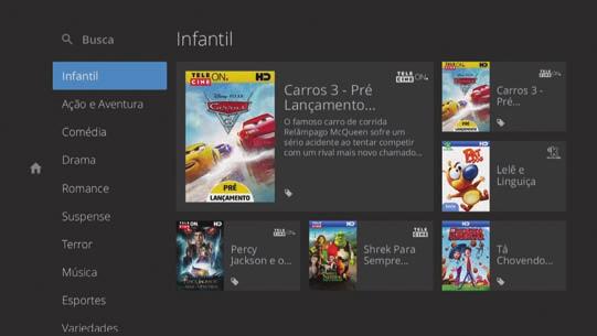 Área de conteúdos por temas Menu de serviços A partir da Home da TV, indo com o direcional do controle remoto à direita, você terá acesso à área de