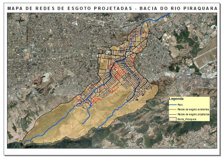 A Figura 26 apresenta o projeto de redes coletoras de esgoto da Concessionária para a bacia do rio Piraquara.