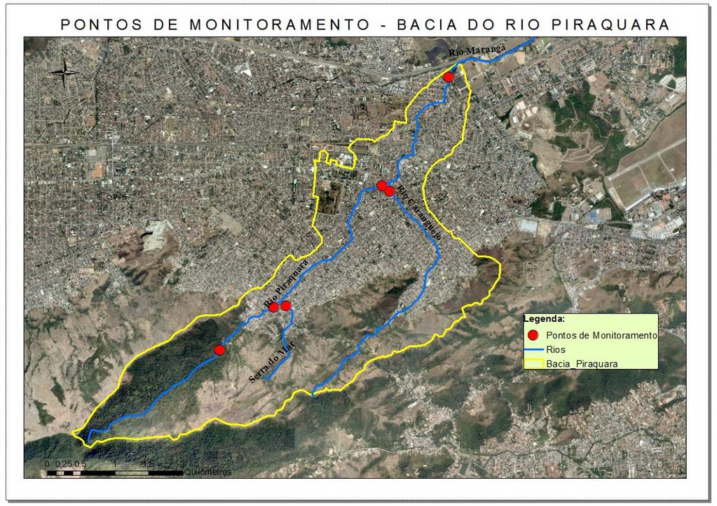 5 METODOLOGIA 5.1 PLANO DE MONITORAMENTO 5.1.1 Pontos de amostragem Não foi encontrado nenhum histórico de monitoramento de qualidade de água e medição de vazão na bacia do rio Piraquara.