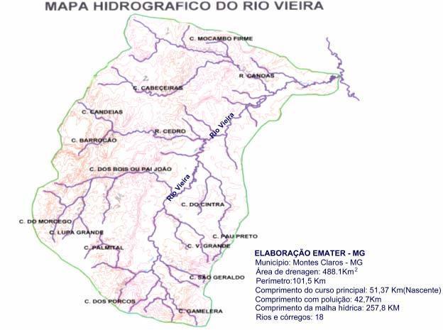 73 FIGURA 11 - Mapa de Abrangência da Bacia Hidrográfica do Rio Vieira Fonte: (EMATER-MG, 2006). Os dados de latitude, longitude e altitude foram coletados com aparelho Garmim ETREX 30.