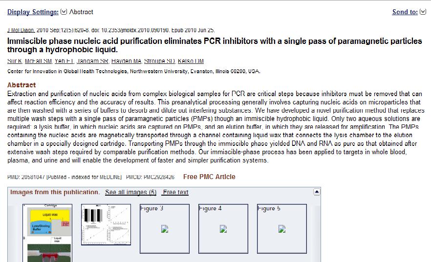 Purificação de um PCR com partículas paramagnéticas utilizando um líquido hidrofóbico Os PMPs contendo os ácidos nucleicos são magneticamente transportados através de um canal que contém cera