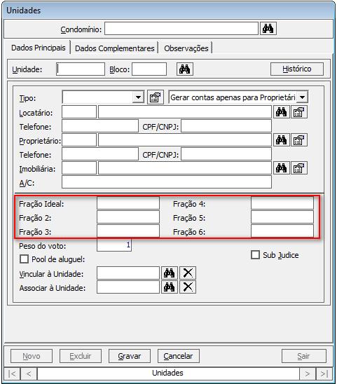- Fração para % de ocupação: será listado o percentual da fração da unidade em relação ao total do condomínio.