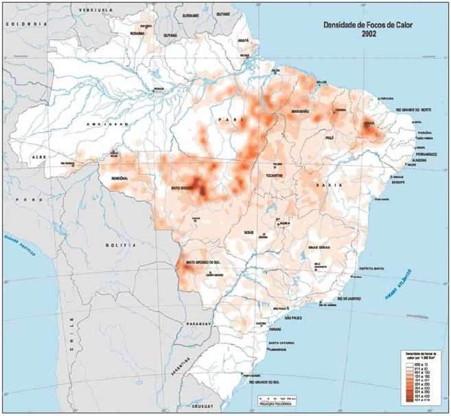 Mapa 22-Densidades de queimadas/focos de calor-brasil 2002 Fonte: Atlas nacional do Brasil digital.