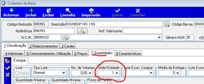 receita, caso estiver em branco o sistema não apresentará erro, mas a quantidade na receita deverá ser preenchida manualmente, Figura 6.