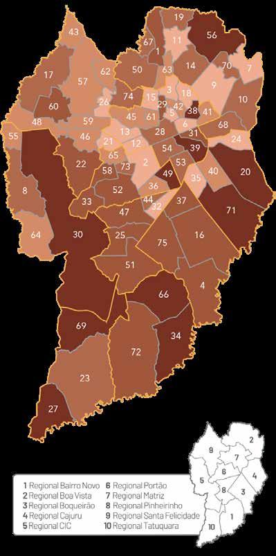Representação gráfica dos bairros de residência das vítimas de Morte por Causas Externas na faixa etária de 0 a 17 anos 114 O mapa a seguir mostra a divisão dos bairros de Curitiba em cinco
