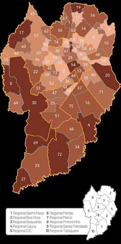 Representação gráfica dos bairros de residência das vítimas de Mortes por Causas Externas na faixa etária de 18 a 21 anos O mapa a seguir mostra a divisão dos bairros de Curitiba em cinco categorias