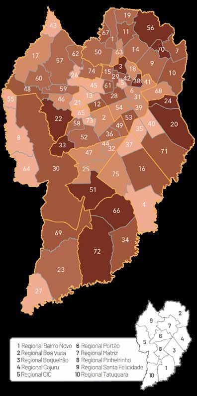 Representação gráfica dos bairros de residência das vítimas de Bullying e Cyberbullying na faixa etária de 0 a 17 anos 48 O mapa a seguir mostra a divisão dos bairros de Curitiba em cinco categorias