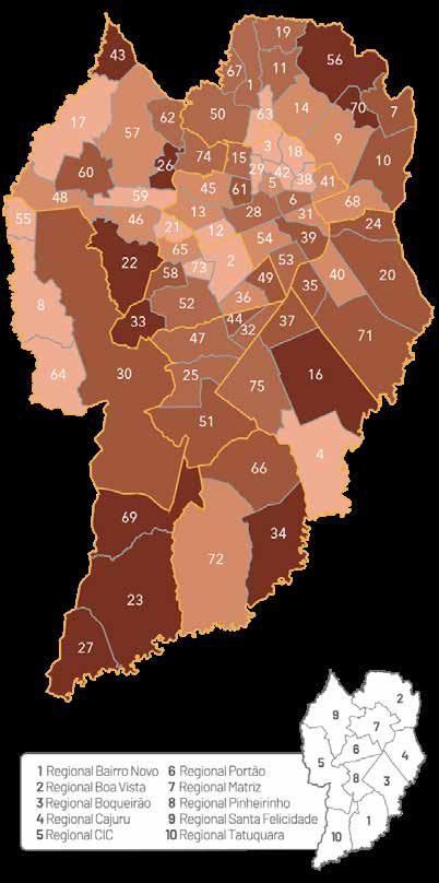 Representação gráfica dos bairros de residência das vítimas de Violência Psicológica na faixa etária de 18 a 21 anos O mapa a seguir mostra a divisão dos bairros de Curitiba em cinco categorias