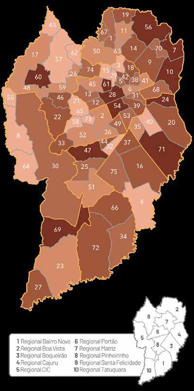 Representação gráfica dos bairros de residência das vítimas de Violência Física na faixa etária de 0 a 17 anos 66 O mapa a seguir mostra a divisão dos bairros de Curitiba em cinco categorias conforme