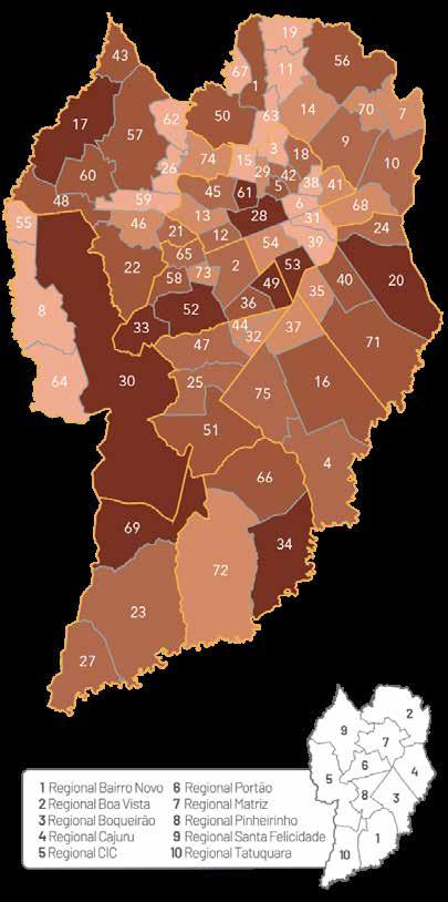 Representação gráfica dos bairros de residência das vítimas de Violência Doméstica na faixa etária de 0 a 17 anos 72 O mapa a seguir mostra a divisão dos bairros de Curitiba em cinco categorias