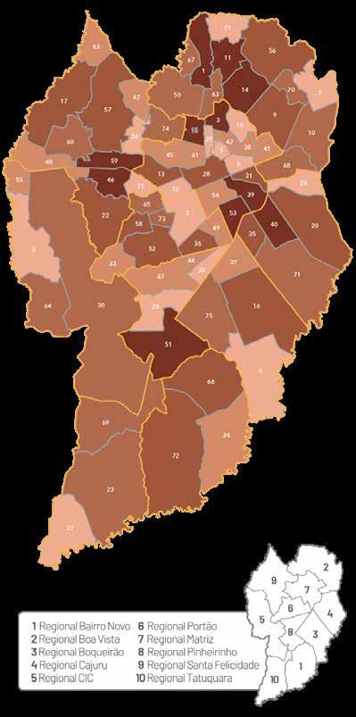 Representação gráfica dos bairros de residência das vítimas de Violência Sexual na faixa etária de 18 a 21 anos 82 O mapa a seguir mostra a divisão dos bairros de Curitiba em cinco categorias