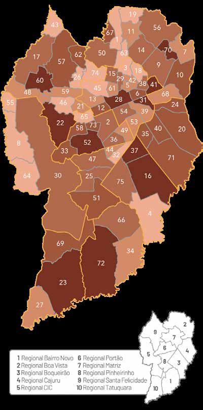 Representação gráfica dos bairros de residência das vítimas de Crimes Contra o Patrimônio na faixa etária de 0 a 17 anos 94 O mapa a seguir mostra a divisão dos bairros de Curitiba em cinco