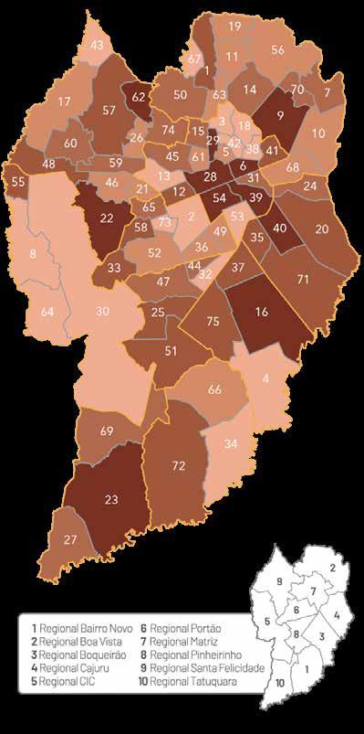 Representação gráfica dos bairros de residência das vítimas de Crimes Contra o Patrimônio na faixa etária de 18 a 21 anos O mapa a seguir mostra a divisão dos bairros de Curitiba em cinco categorias