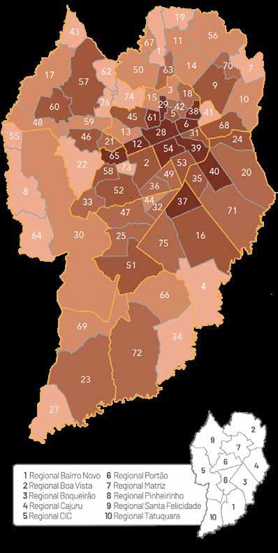 Representação gráfica dos bairros de ocorrência dos Crimes contra o Patrimônio na faixa etária de 0 a 21 anos 96 O mapa a seguir mostra a divisão dos bairros de Curitiba em cinco categorias conforme