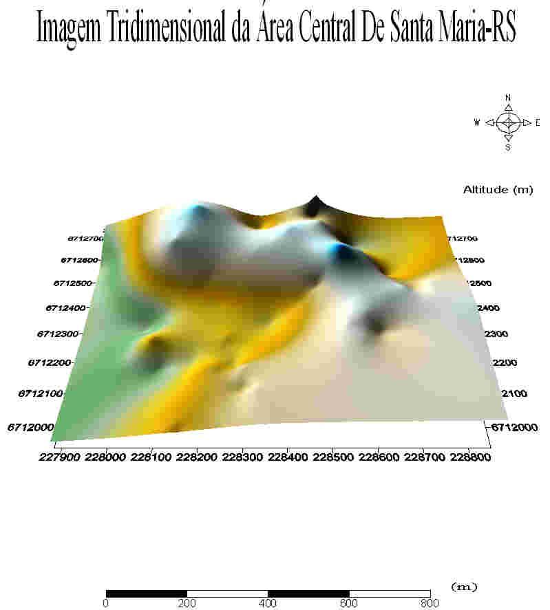 Figura 7: Imagem 3D da área central de Santa Maria - RS. 5. CONSIDERAÇÕES FINAIS Após analisar as imagens geradas pelo Surfer 8.
