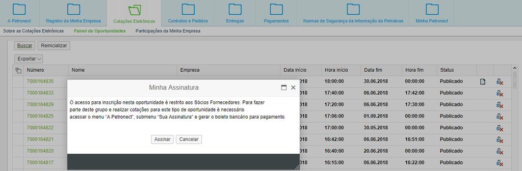 IV. Oportunidades Públicas Após clicar no número do documento de uma Oportunidade Pública ou no ícone, será exibido um POP-UP.