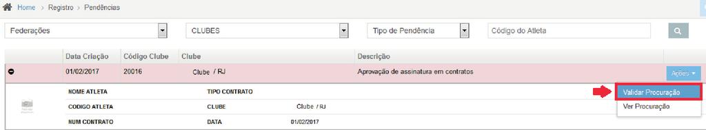 [Pendências de contrato - Menu] pelo clube para a aprovação de