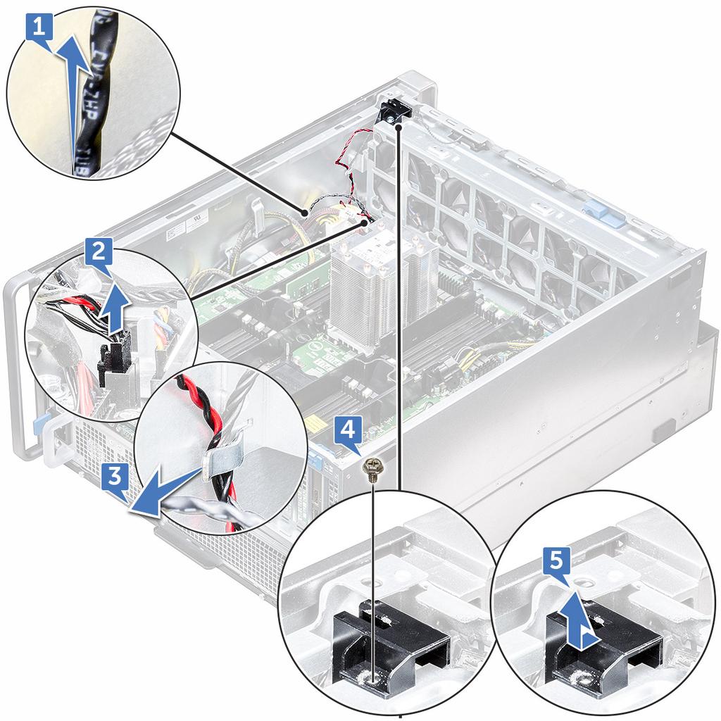 Instalar a chave de violação 1 Coloque o módulo do sensor de violação no slot no conjunto do ventilador frontal do sistema.