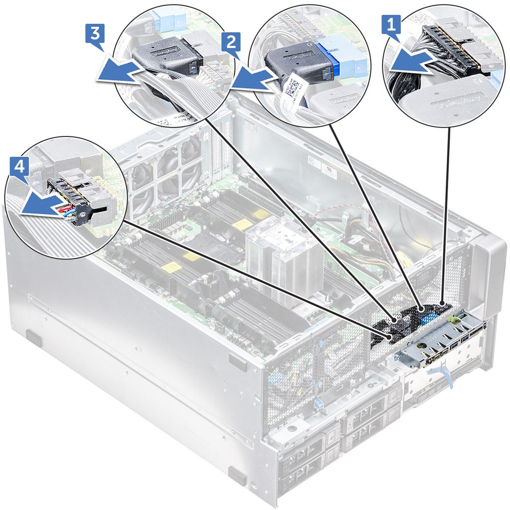 e ventilador frontal do sistema f bezel do HDD e da ODD g bezel de entrada e saída 3 Para remover o painel de entrada/saída (I/O): a Desconecte os seguintes cabos dos conectores no painel de I/O.