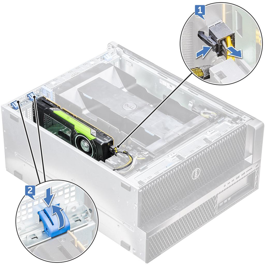 Unidade de processamento gráfico (GPU) Como remover a placa GPU 1 Siga o procedimento descrito em Antes de trabalhar na parte interna do computador. 2 Remova a tampa lateral.