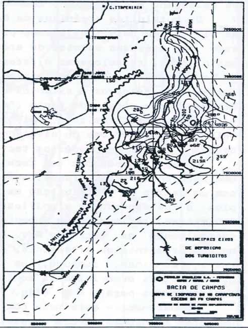 CAPÍTULO IV - SUMÁRIO GEOLÓGICO DA BACIA DE CAMPOS Arcabouço Estratigráfico Figura 4.2.4.2-2: Mapa de isópacas do Carapebus Eoceno, com eixos deposicionais (Fonte: MARTINS et al., 1991).