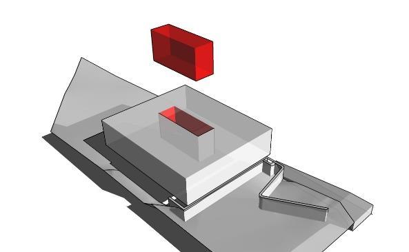 A composição do edifício se deu de maneira subtrativa, a partir de um único volume, e possui adição de um volume secudário que é o reservatório (Figura 4).