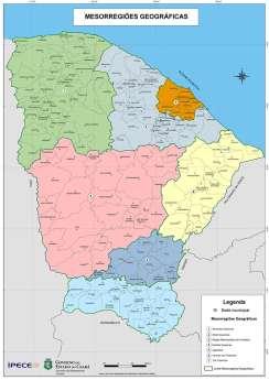 Estatística (IBGE): Centro-Sul Cearense, Jaguaribe, Metropolitana de Fortaleza, Noroeste Cearense, Norte Cearense, Sertões Cearense e Sul Cearense conforme a figura 1.