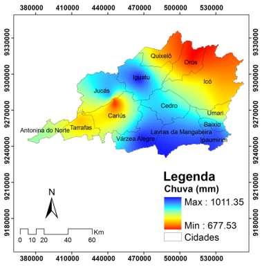 Nessa figura ainda pode-se constatar a dissimilaridade das precipitações na região, fator bem característico do semiárido brasileiro, onde as precipitações são más distribuídas no espaço e tendem a