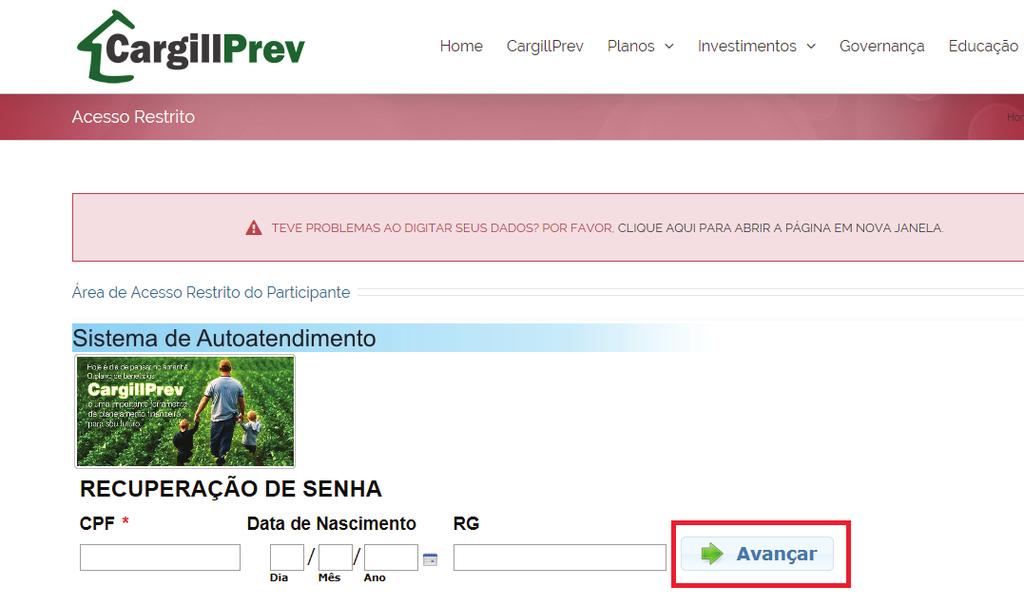 Informe o seu CPF e a data de nascimento e clique no box Avançar