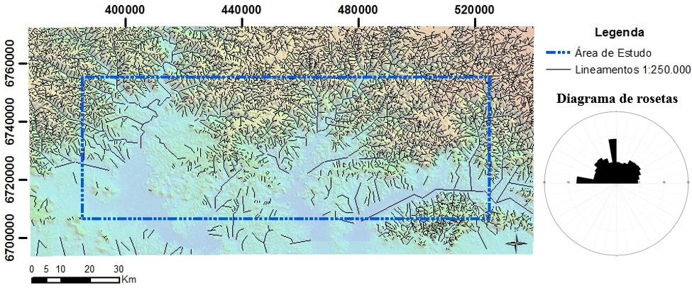 Figura 3 - Mapa de lineamentos identificados na escala 1:250.000 Figura 4 - Mapa de lineamentos identificados na escala 1:1.000.000 Na escala 1:1.000.000, foram traçados 257 lineamentos, com direções mais frequentes as Norte-Sul, Leste-Oeste e Noroeste, e secundariamente as Nordeste.