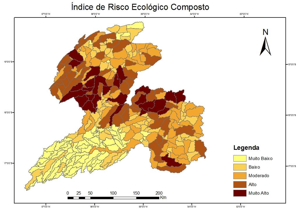 O Índice de risco composto onde é contabilizado todos os estressores juntos, percebe-se na planície pantaneira muito baixo risco, ficando as sub-bacias de maiores riscos na parte central da bacia